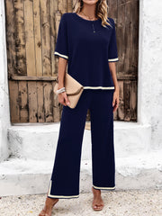 Contrast Trim Round Neck Top and Pants Set