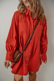 Pocketed Button Down Long Sleeve Shirt Dress