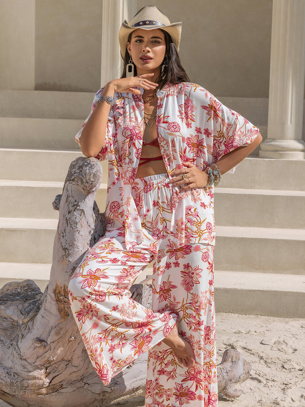 Printed Open Front Half Sleeve Top and Pants Set