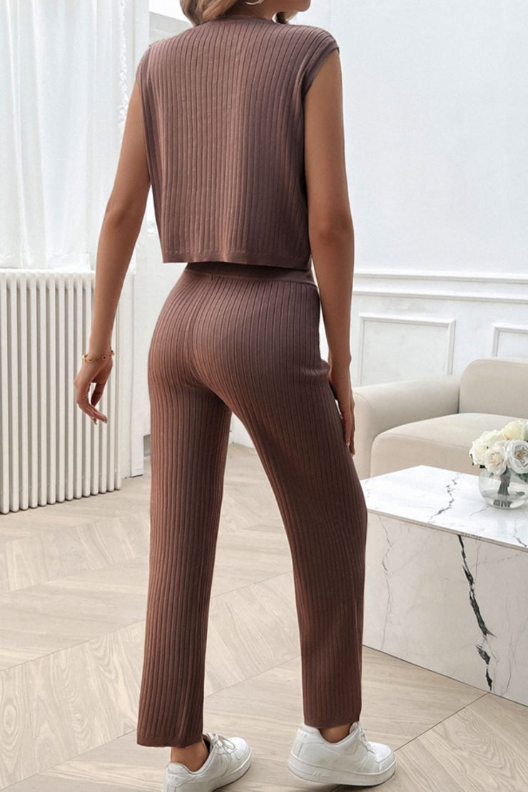Ribbed Round Neck Top and Pants Set