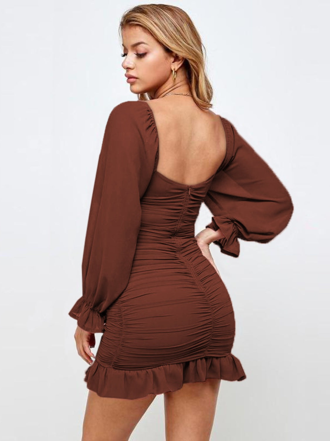 Ruffled Ruched Flounce Sleeve Mini Dress