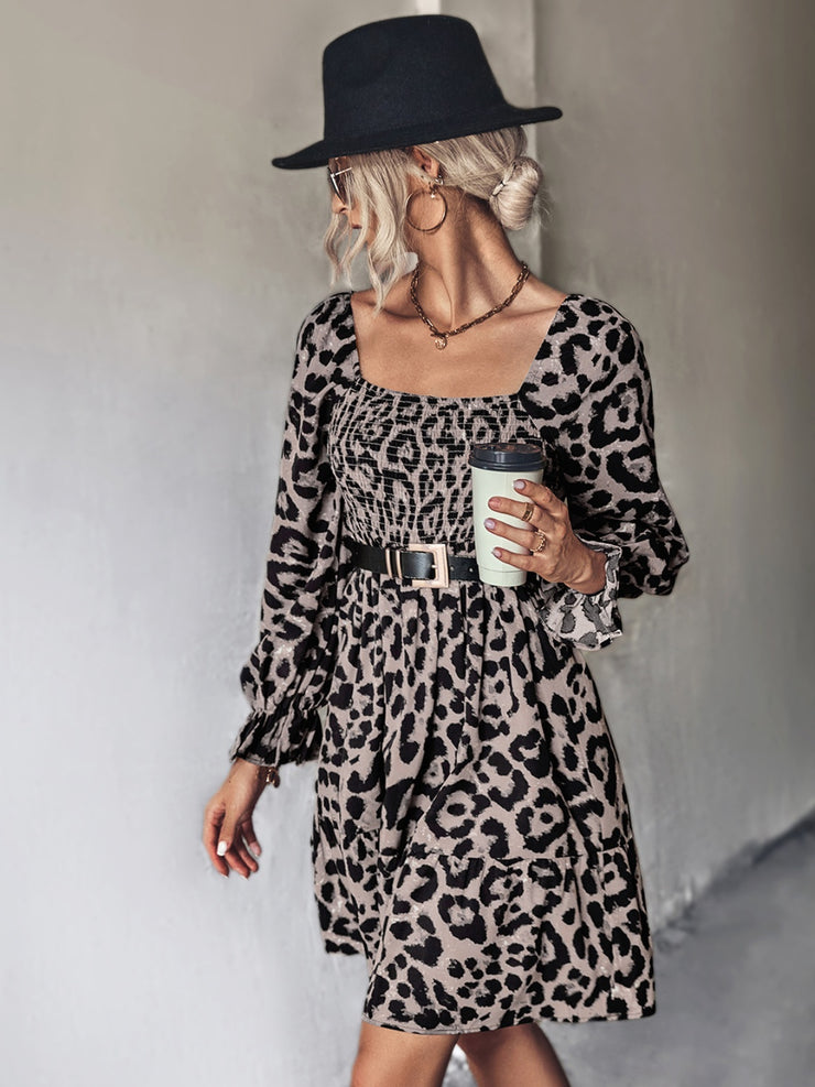 Leopard Smocked Flounce Sleeve Mini Dress