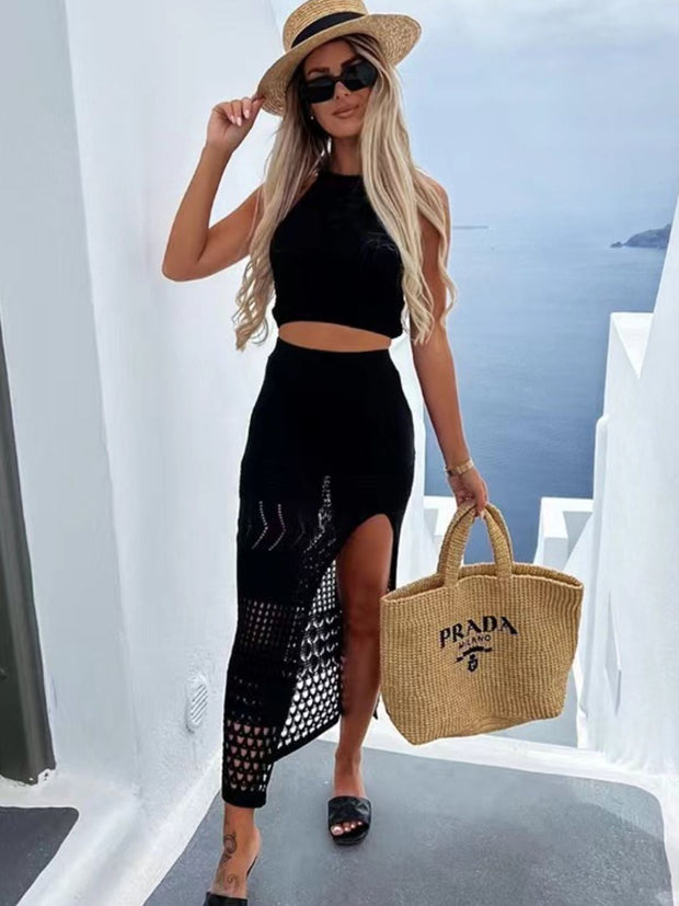 Round Neck Top and Slit Skirt Cover Up Set