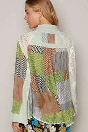 POL Color Block Crochet Long Sleeve Shirt