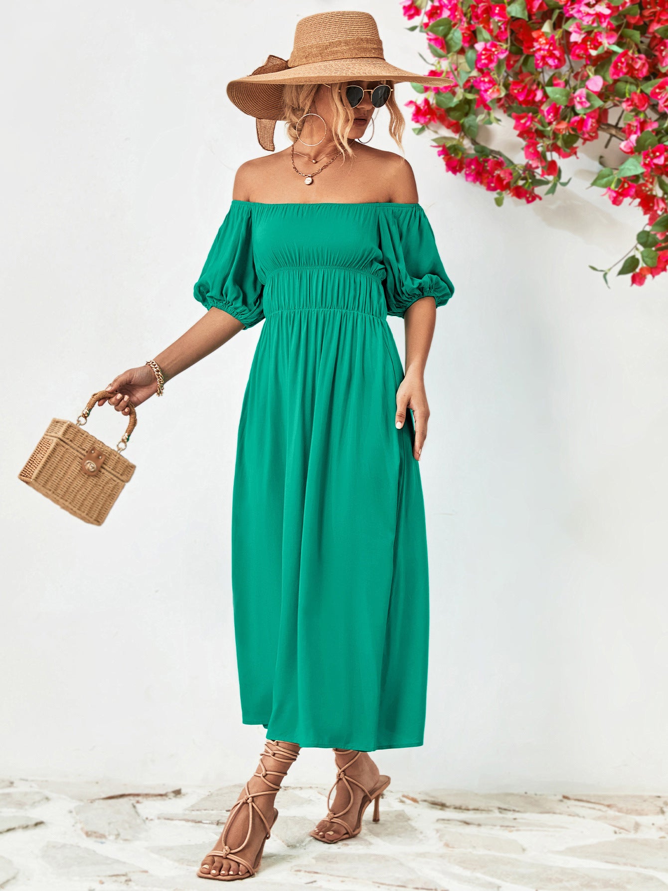 Off-Shoulder Balloon Sleeve Midi Dress