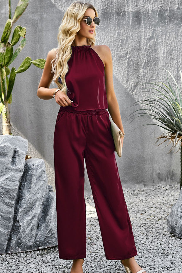 Devine Grecian Neck Sleeveless Pocketed Top and Pants Set