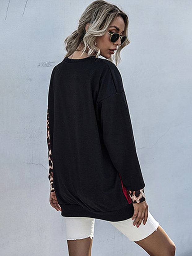 Perfee Leopard Contrast Long Sleeve Sweatshirt