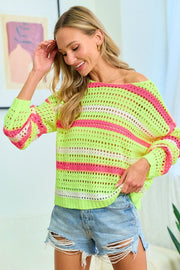 First Love Striped Long Sleeve Openwork Knit Top