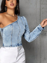 One Shoulder Long Sleeve Denim Top