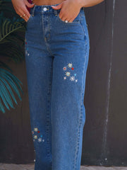 Embroidered Straight Jeans with Pockets
